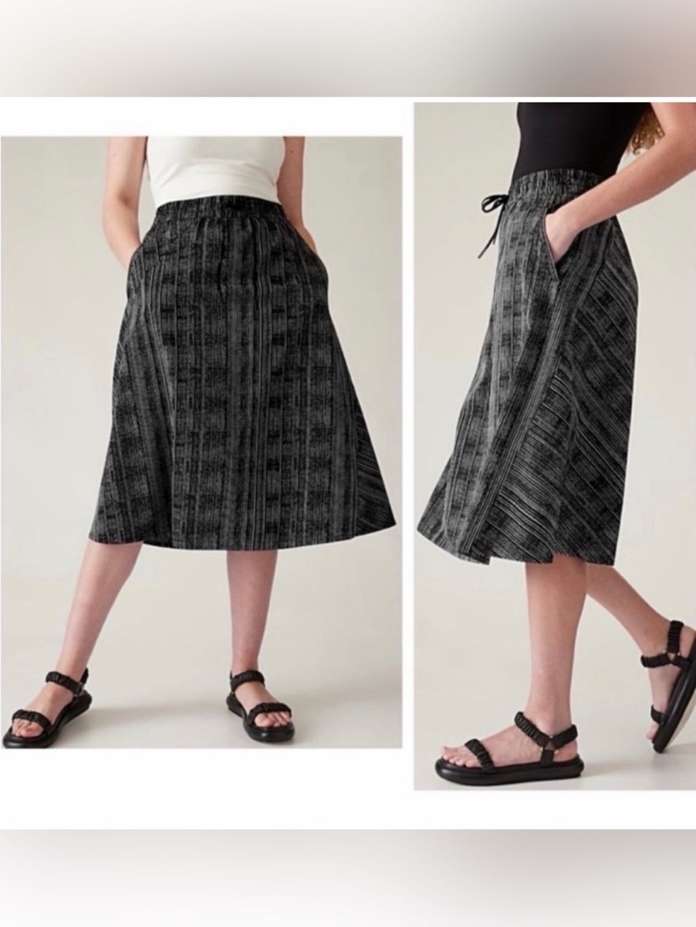 Athleta Arrival Stretch A-Line Midi Skirt Amara Stripe Black 6 Travel Pockets